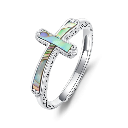 Sterling Silver Jesus Cross Ring with Abalone Shell
