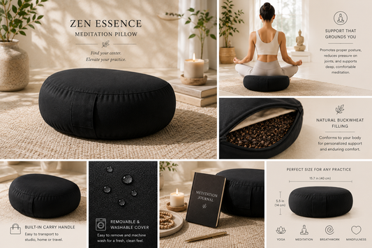 Zen Essence Large Meditation Pillow | Zafu Yoga Cushion | Crescent Buckwheat Bolster with Washable Cover (Minimal Black)